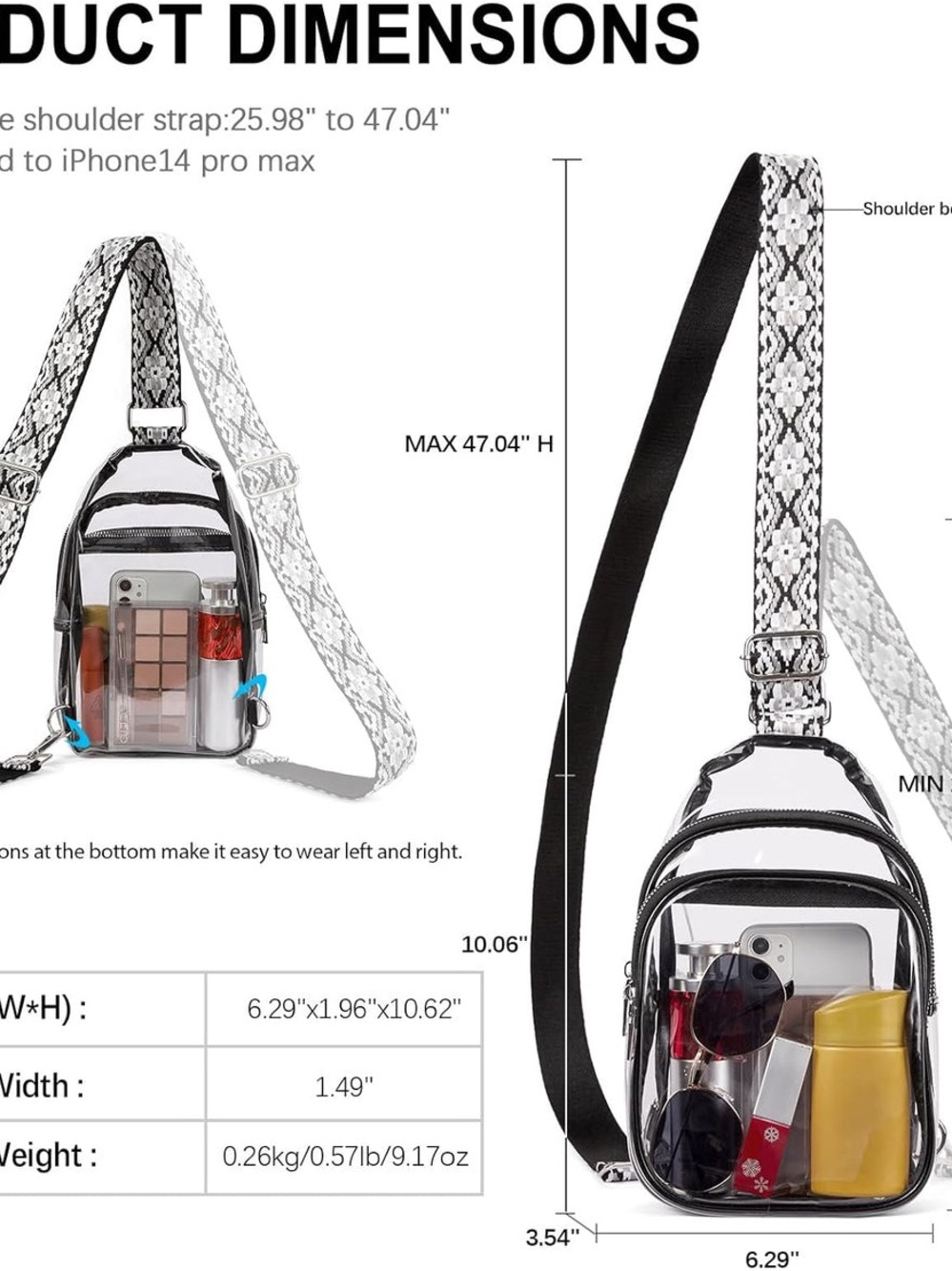 Clear PVC Mini crossbody with Black Trim and Patterned Strap - Picture 5 of 7
